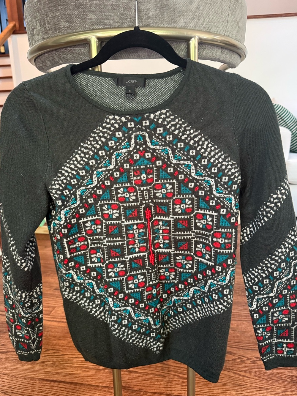 J. Crew Dark Green Geometric Pattern Crewneck Sweater with Red & Teal Accents